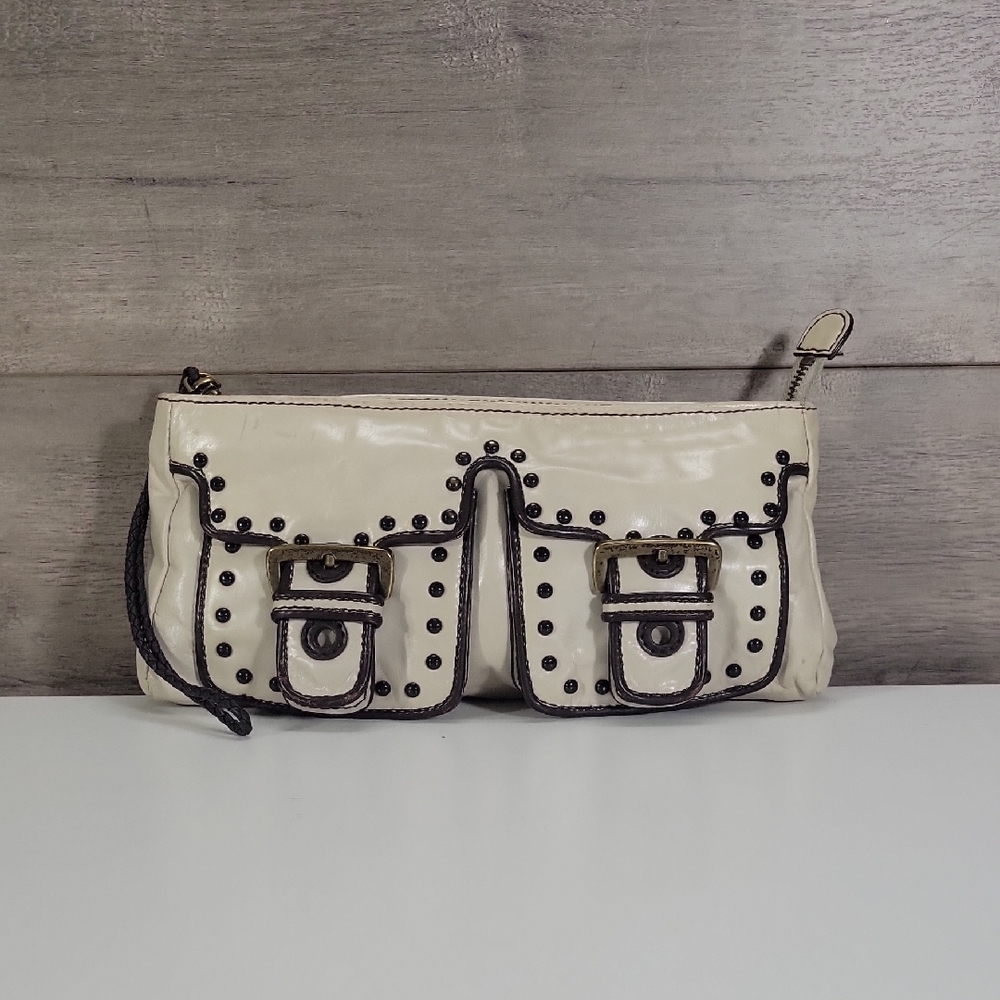 Kate Landry Cream Studded Double-Pocket Wristlet Clutch Bag